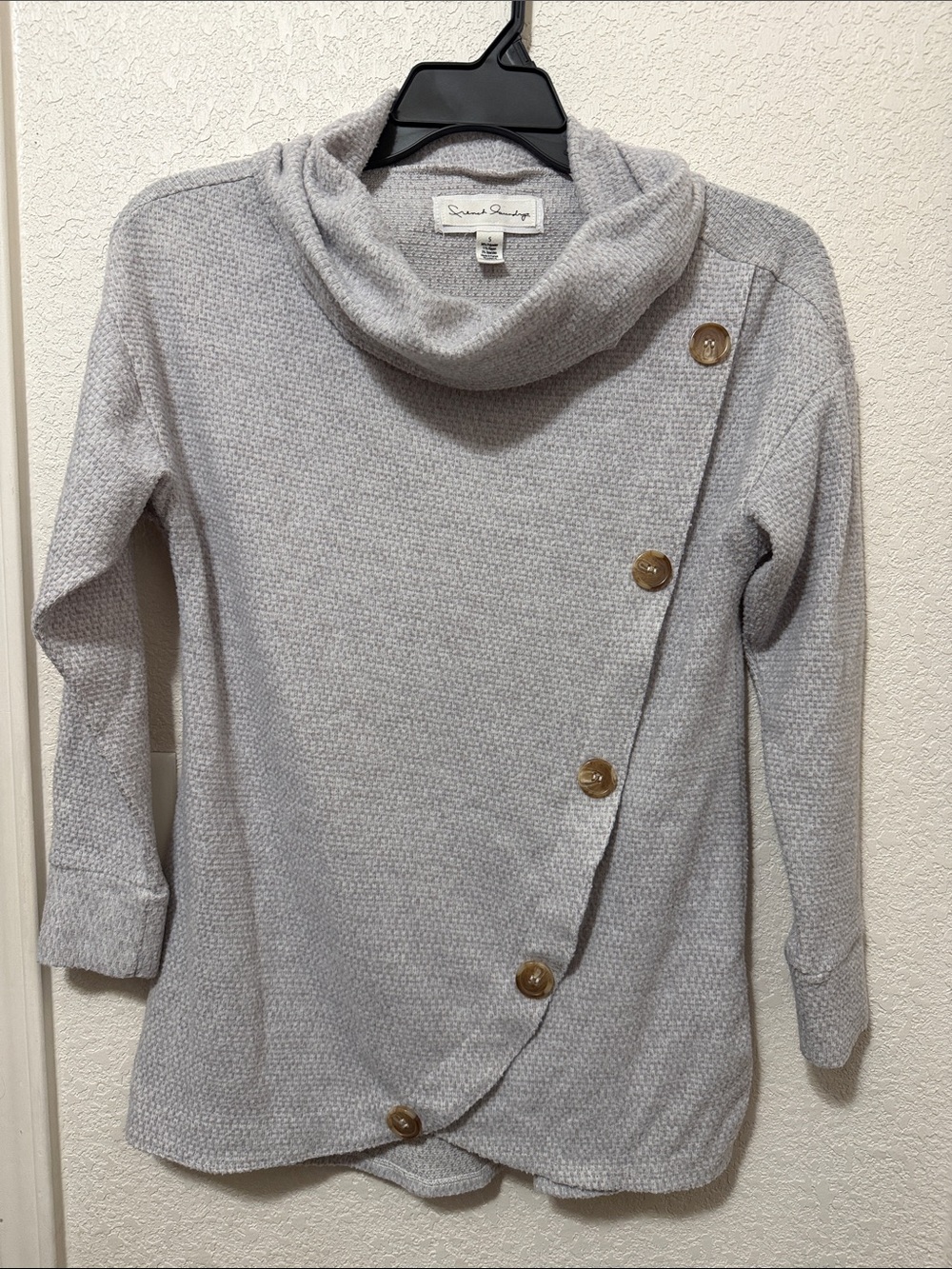 French Laundry Light Gray Cowl Neck Sweater Shirt with Asymmetric Button Detail